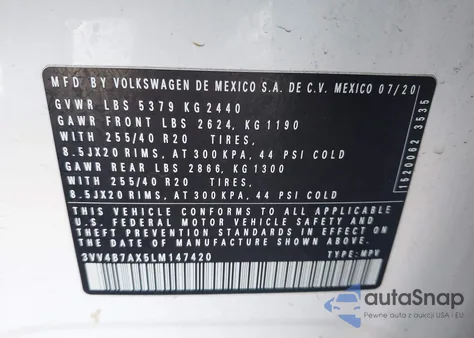 2020 Volkswagen Tiguan 2.0T Sel Premium R-Line из США, поврежденный, VIN 3VV4B7AX5LM147420